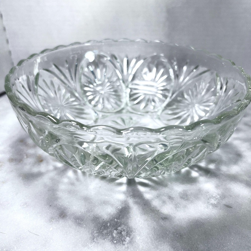 Vtg 60s Clear Pressed Glass Serving Bowl Starburst Design Mid Century Modern‎